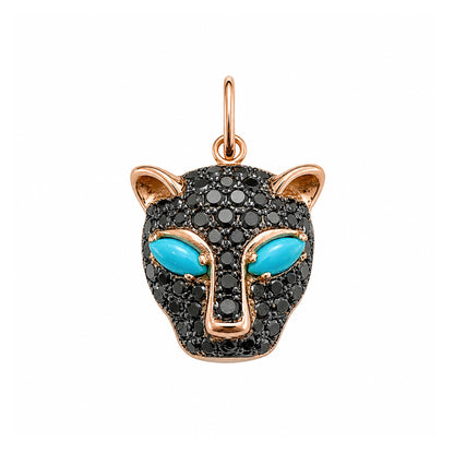 14K Gold Black Diamond Pavé Panther Charm Pendant ~ Marquise Turquoise Eyes