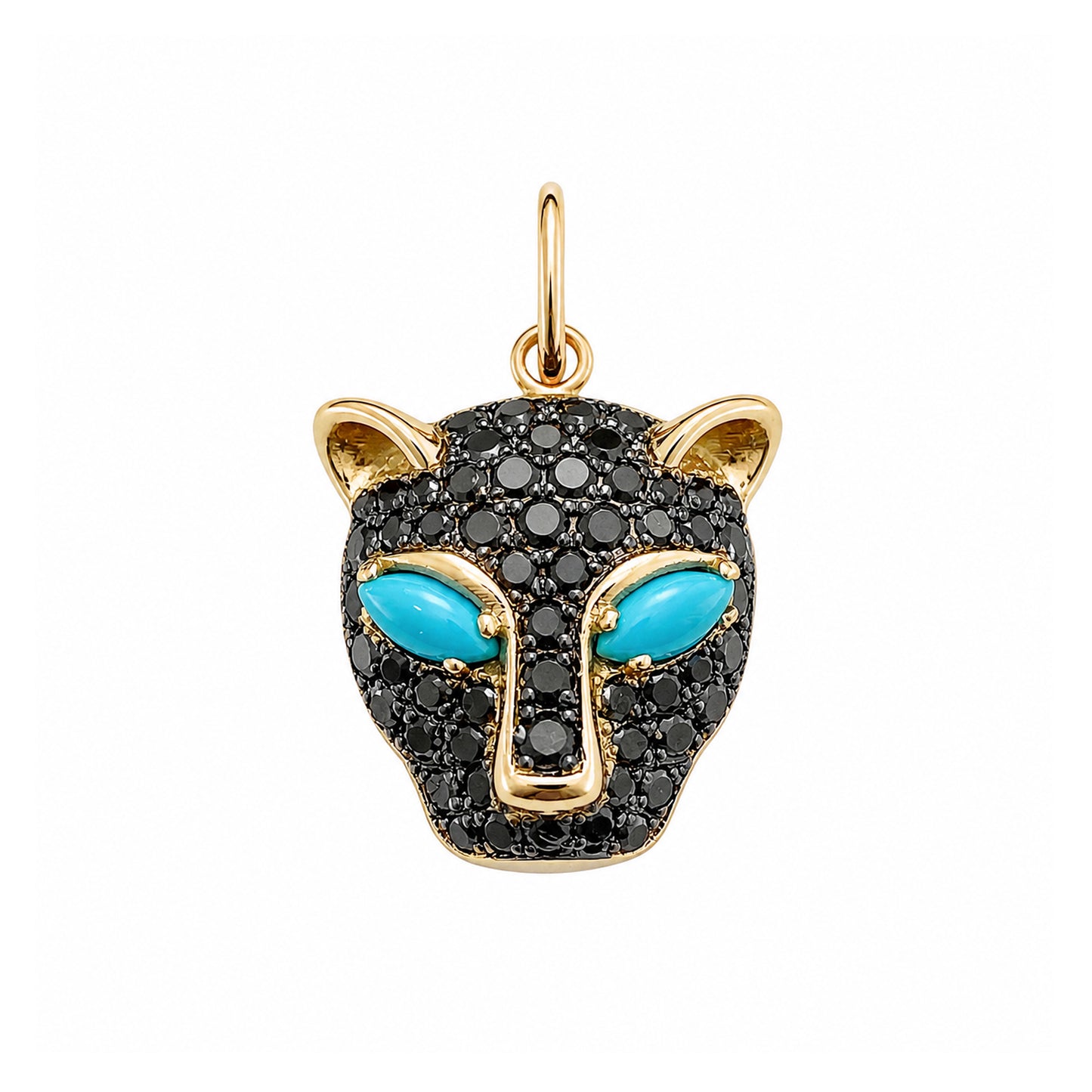 14K Gold Black Diamond Pavé Panther Charm Pendant ~ Marquise Turquoise Eyes