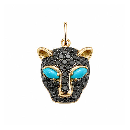 14K Gold Black Diamond Pavé Panther Charm Pendant ~ Marquise Turquoise Eyes