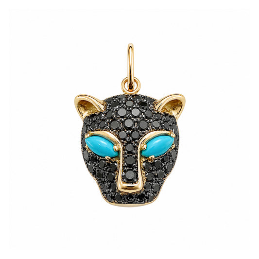 14K Gold Black Diamond Pavé Panther Charm Pendant ~ Marquise Turquoise Eyes