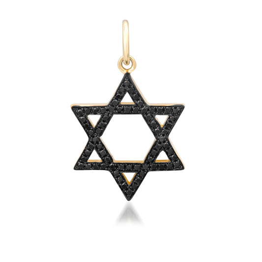 14K Gold Black Diamond Star of David Charm Pendant, Medium Size