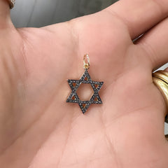 14K Gold Black Diamond Star of David Charm Pendant, Medium Size