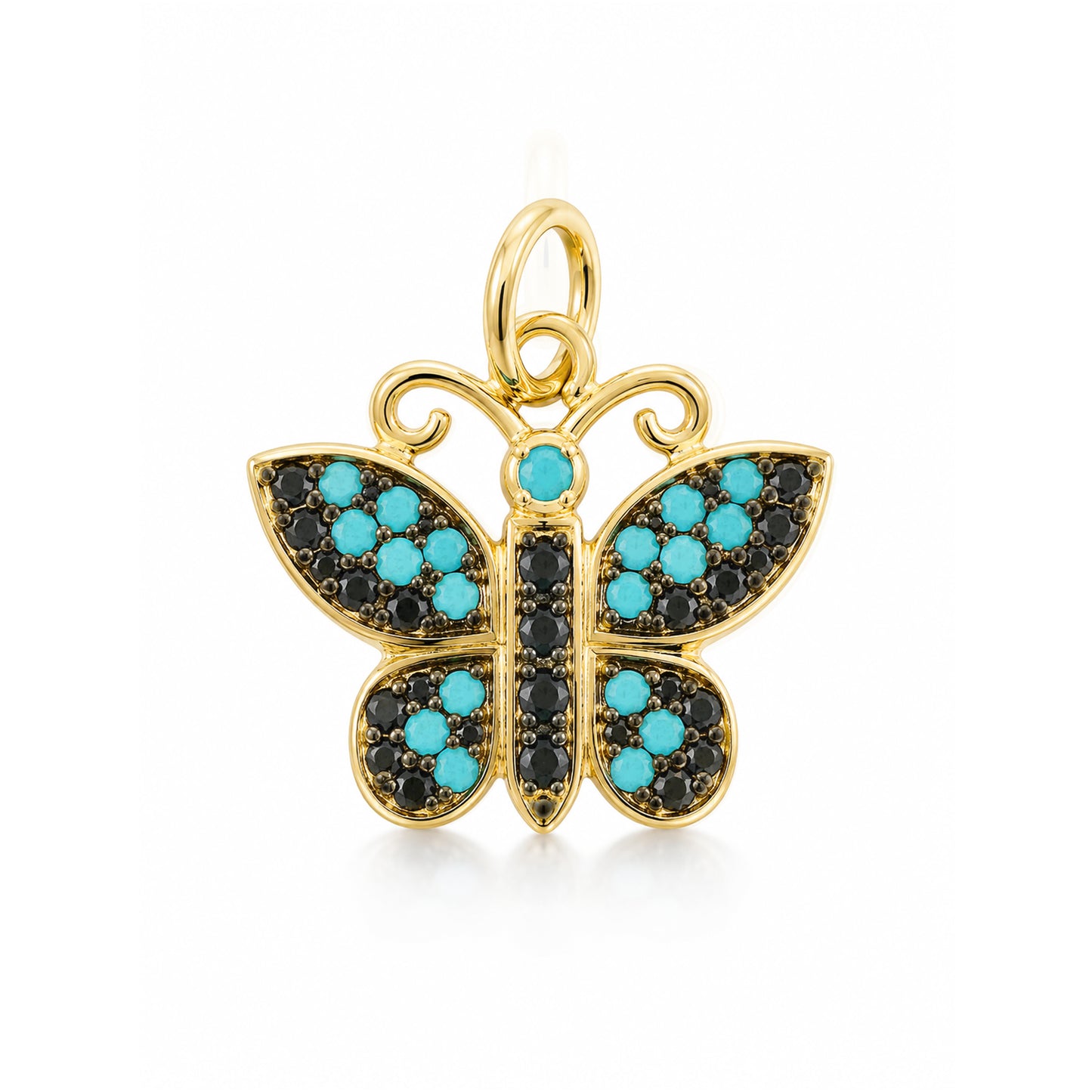 14K Gold Pavé Black Diamond & Turquoise Butterfly Charm Pendant