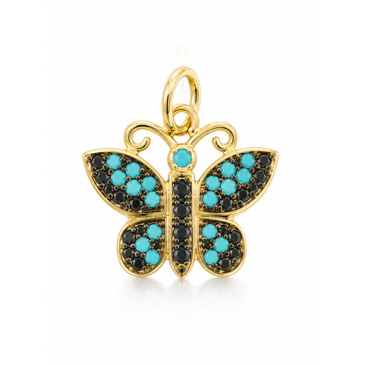 14K Gold Pavé Black Diamond & Turquoise Butterfly Charm Pendant