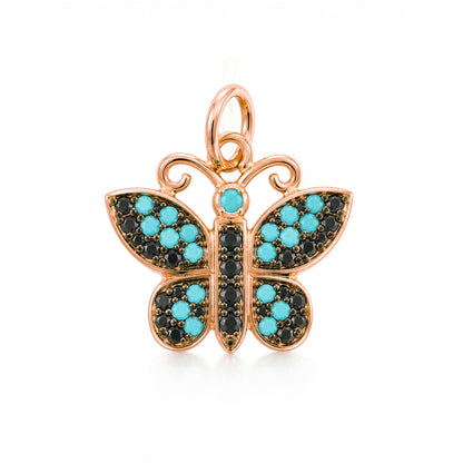 14K Gold Pavé Black Diamond & Turquoise Butterfly Charm Pendant