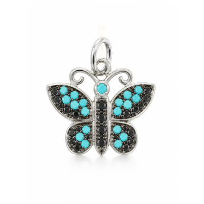 14K Gold Pavé Black Diamond & Turquoise Butterfly Charm Pendant