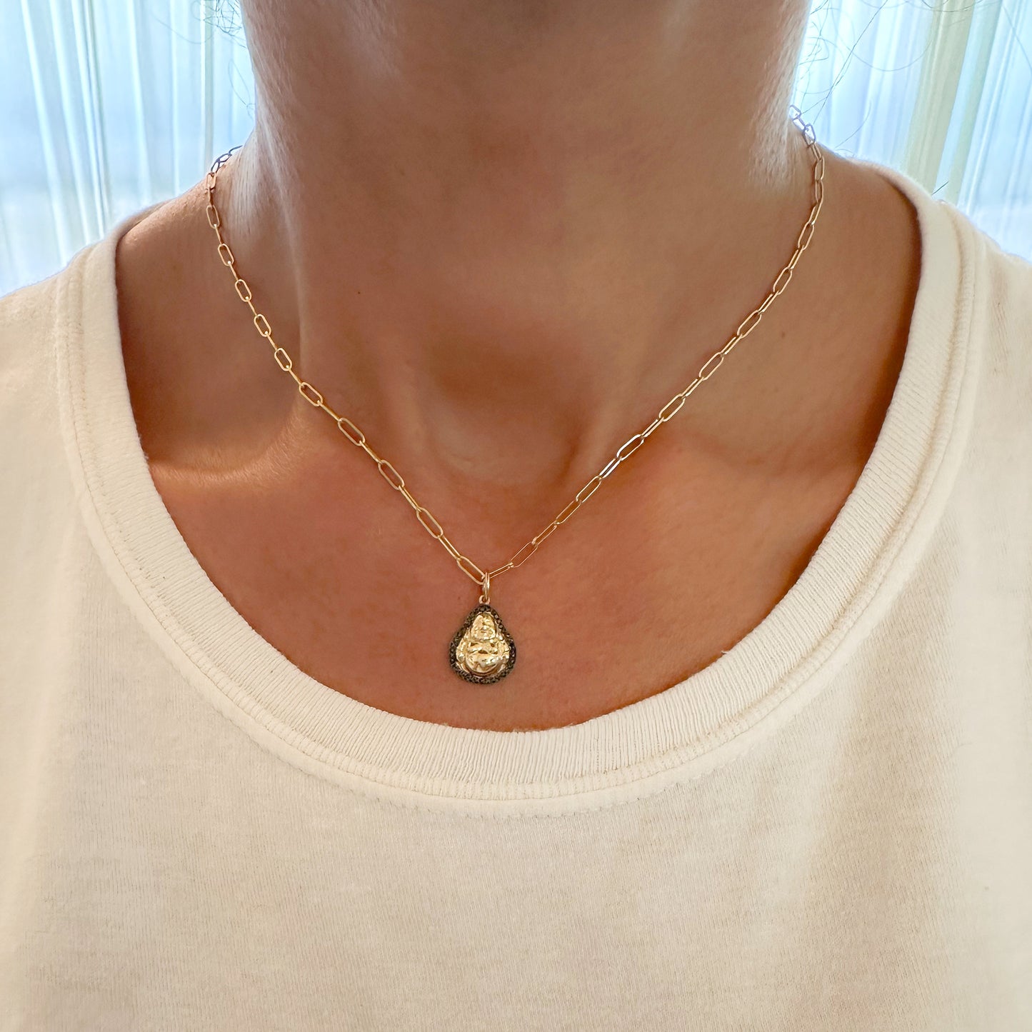 14K Gold Black Diamond Halo Buddha Charm Pendant
