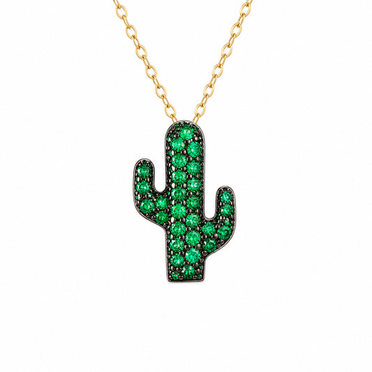 14K Gold Pavé Emerald Cactus Necklace, Small Size