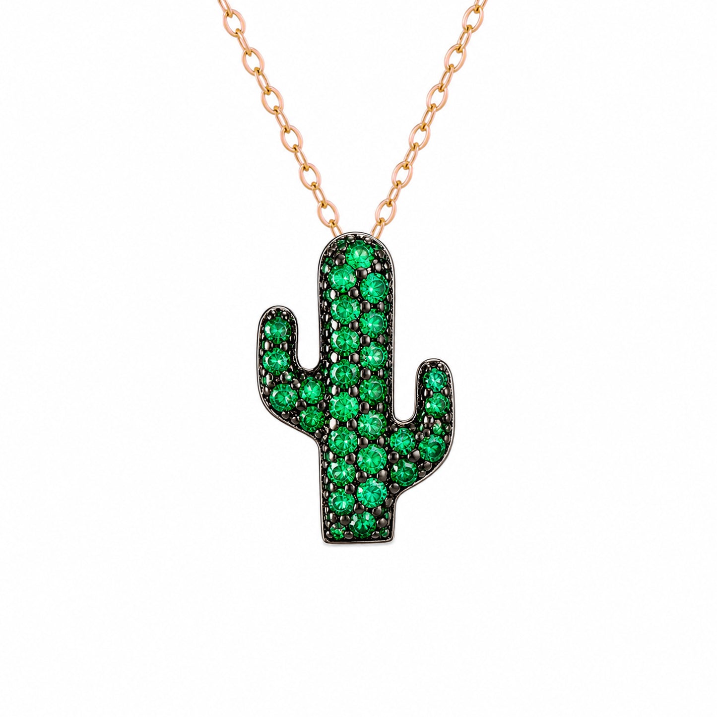 14K Gold Pavé Emerald Cactus Necklace, Small Size