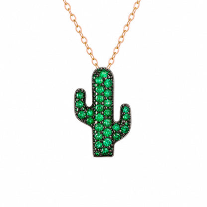14K Gold Pavé Emerald Cactus Necklace, Small Size