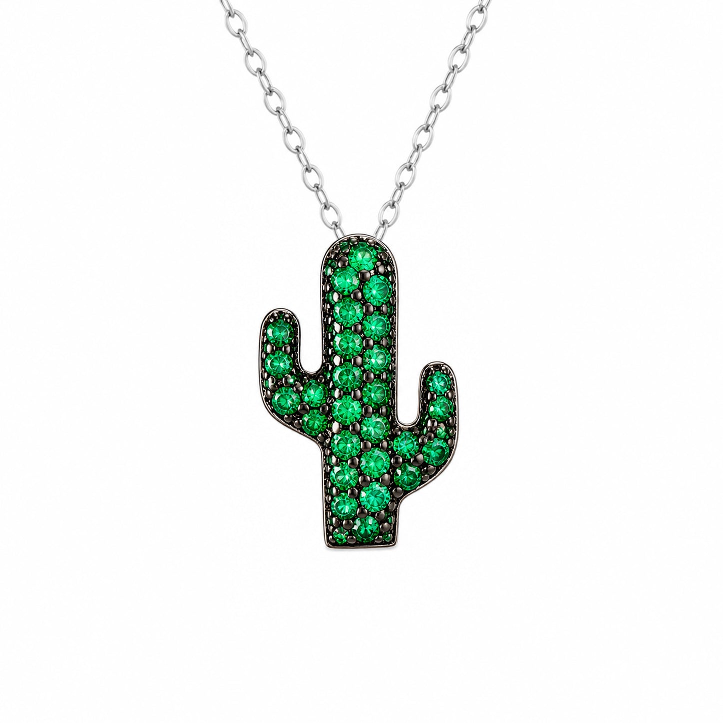 14K Gold Pavé Emerald Cactus Necklace, Small Size