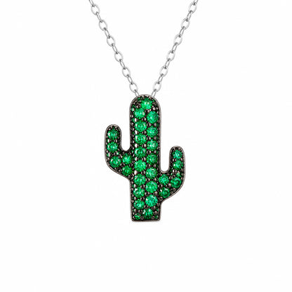 14K Gold Pavé Emerald Cactus Necklace, Small Size