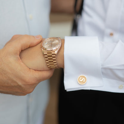 14K Gold Initial Letter Cameo Engraved Coin Cuff Links, Classic Font
