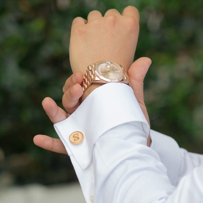 14K Gold Initial Letter Cameo Engraved Coin Cuff Links, Classic Font