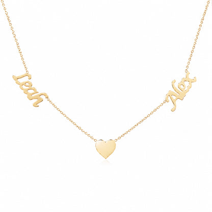14K Gold Double Name Heart Charm Pendant Necklace ~ Calligraphy Font