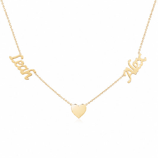 14K Gold Double Name Heart Charm Pendant Necklace ~ Calligraphy Font