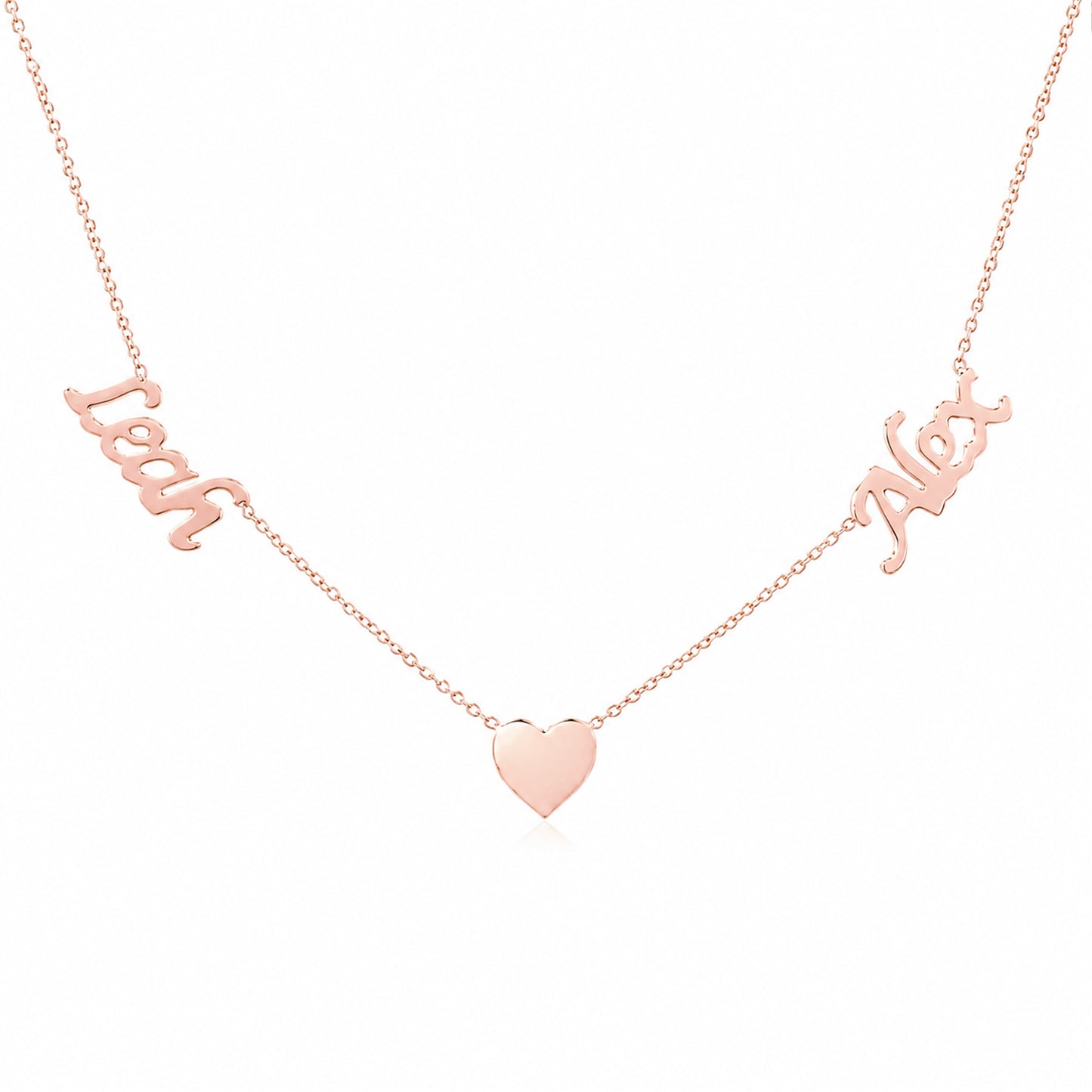14K Gold Double Name Heart Charm Pendant Necklace ~ Calligraphy Font