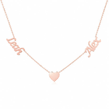 14K Gold Double Name Heart Charm Pendant Necklace ~ Calligraphy Font