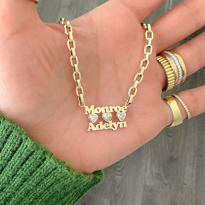 14K Gold Custom Stacked Double Name Charm Necklace ~ Block Font with Diamond Bezel Hearts