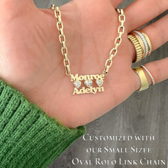 14K Gold Custom Stacked Double Name Charm Necklace ~ Block Font with Diamond Bezel Heart