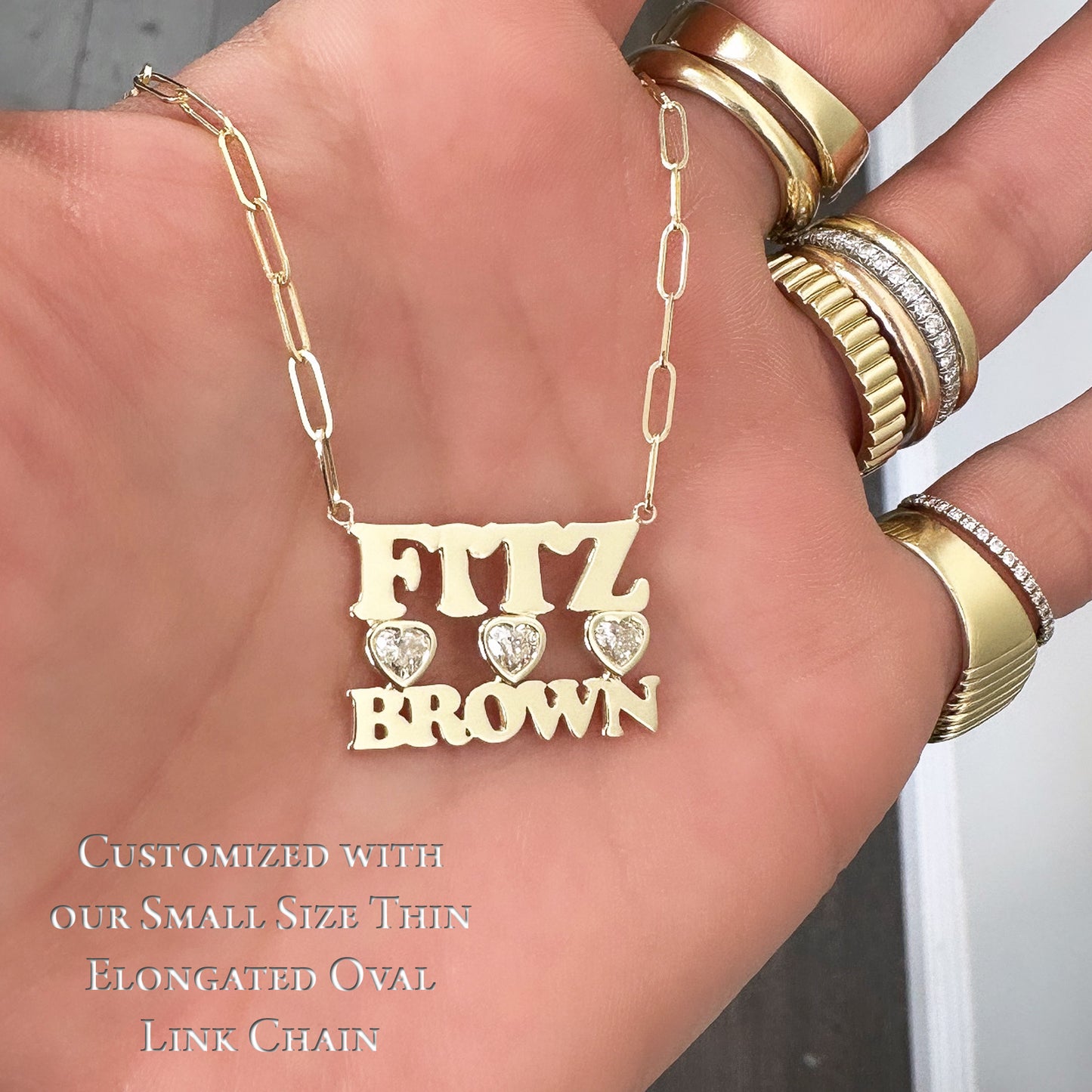 14K Gold Custom Stacked Double Name Charm Necklace ~ Block Font with Diamond Bezel Hearts