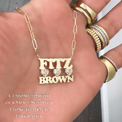 14K Gold Custom Stacked Double Name Charm Necklace ~ Block Font with Diamond Bezel Hearts