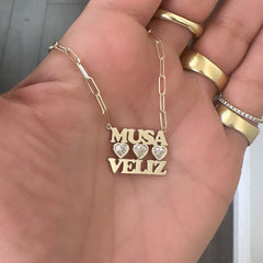 14K Gold Custom Stacked Double Name Charm Necklace ~ Block Font with Diamond Bezel Hearts