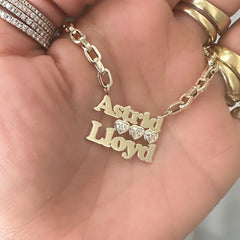 14K Gold Custom Stacked Double Name Charm Necklace ~ Block Font with Diamond Bezel Hearts