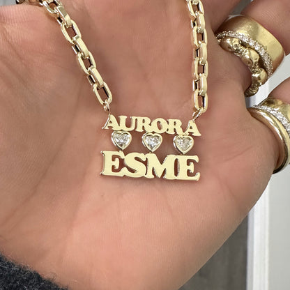 14K Gold Custom Stacked Double Name Charm Necklace ~ Block Font with Diamond Bezel Hearts