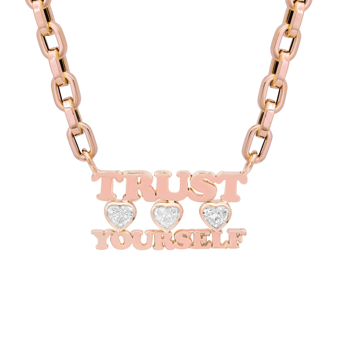 14K Gold Custom Stacked Double Name Charm Necklace ~ Block Font with Diamond Bezel Hearts