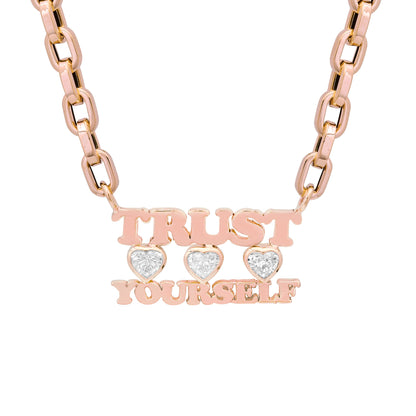 14K Gold Custom Stacked Double Name Charm Necklace ~ Block Font with Diamond Bezel Hearts