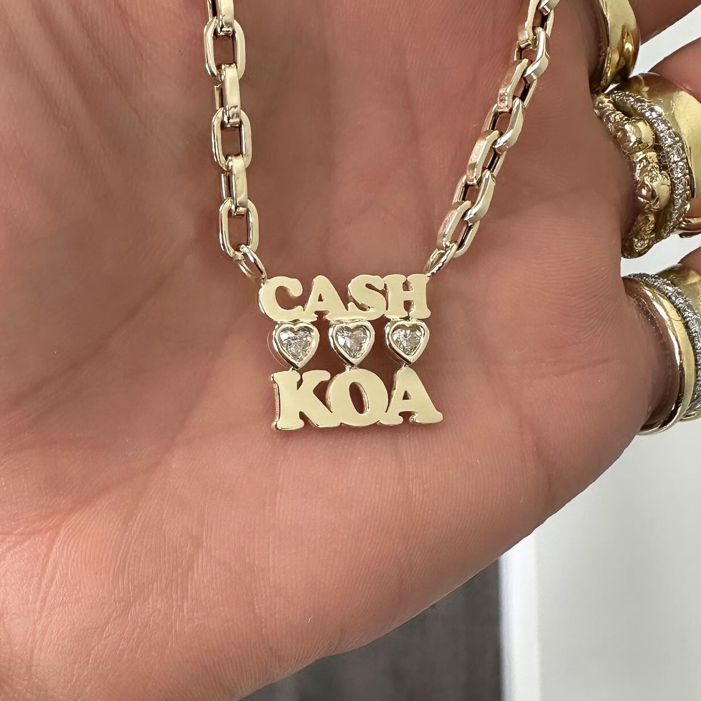 14K Gold Custom Stacked Double Name Charm Necklace ~ Block Font with Diamond Bezel Hearts