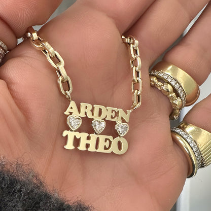 14K Gold Custom Stacked Double Name Charm Necklace ~ Block Font with Diamond Bezel Hearts