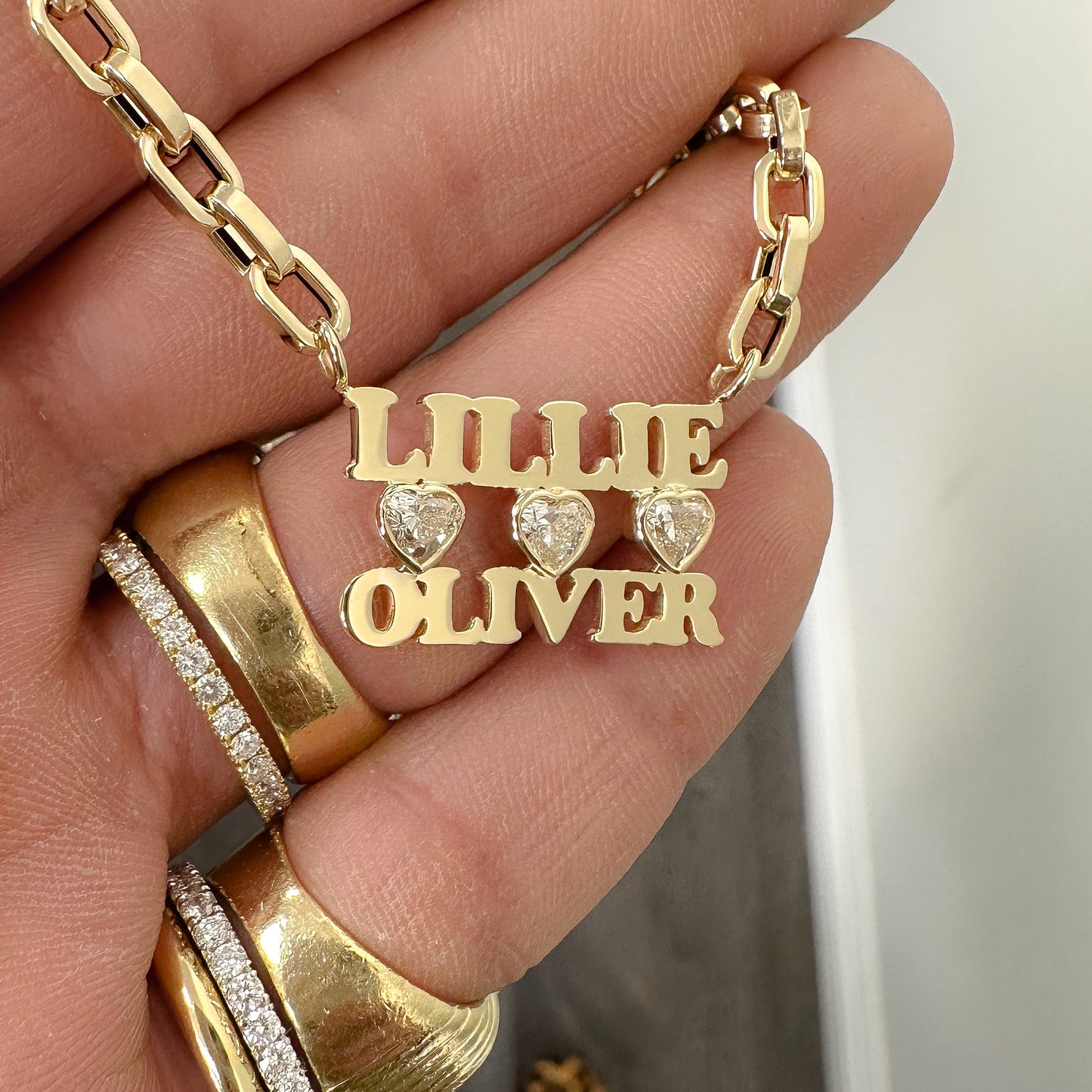 14K Gold Custom Stacked Double Name Charm Necklace ~ Block Font with Diamond Bezel Hearts