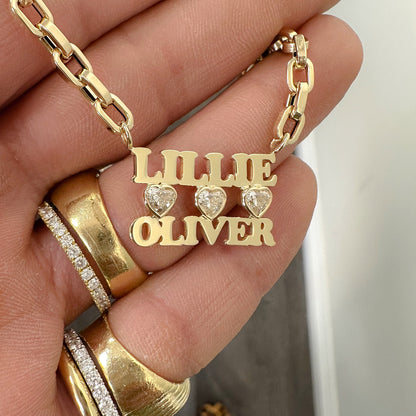 14K Gold Custom Stacked Double Name Charm Necklace ~ Block Font with Diamond Bezel Hearts