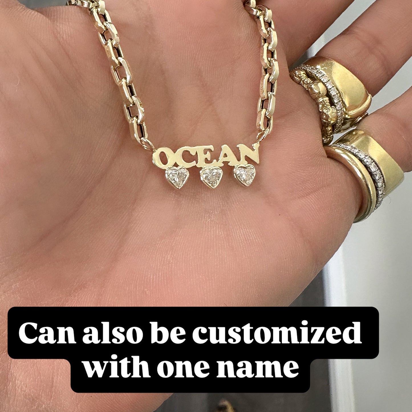 14K Gold Custom Stacked Double Name Charm Necklace ~ Block Font with Diamond Bezel Hearts