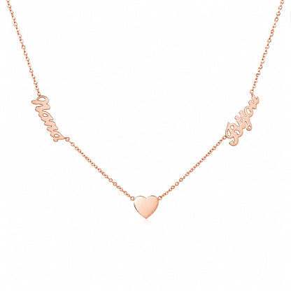 14K Gold Double Name Heart Charm Pendant Necklace ~ Script Font