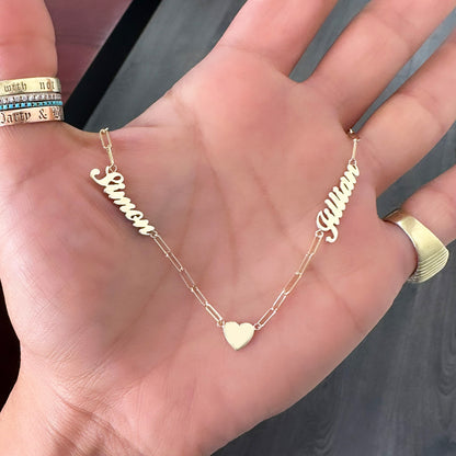 14K Gold Double Name Heart Charm Pendant Necklace ~ Script Font