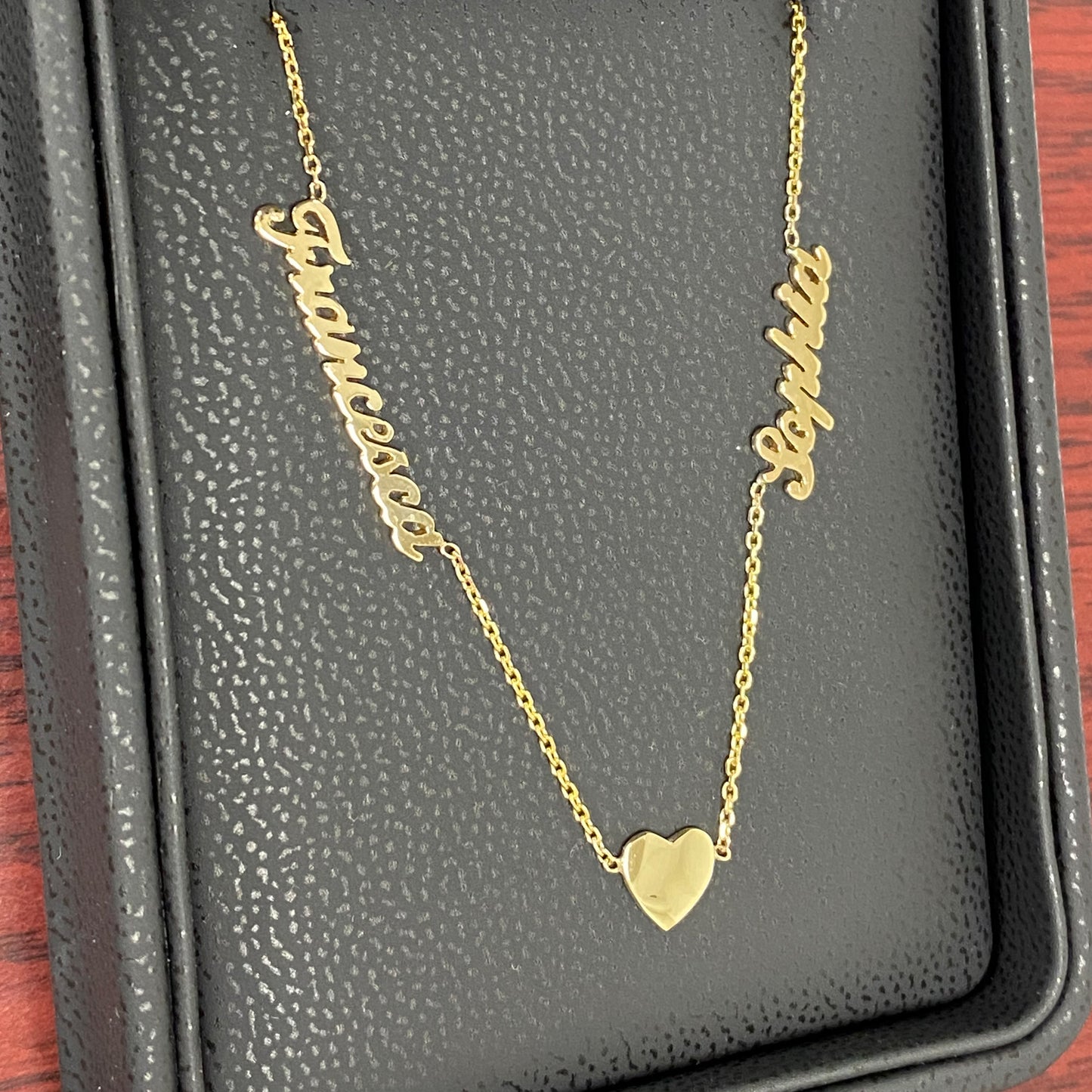 14K Gold Double Name Heart Charm Pendant Necklace ~ Script Font