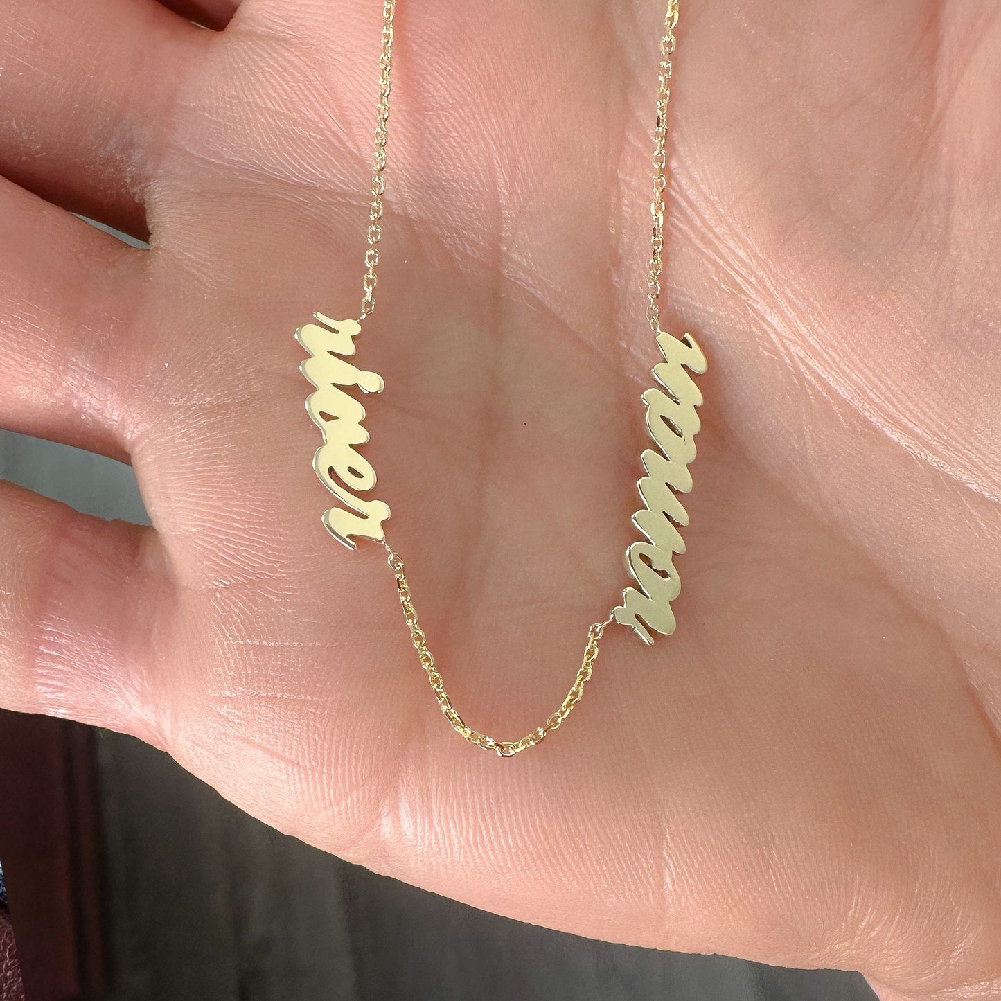 14K Gold Double Name Heart Charm Pendant Necklace ~ Script Font