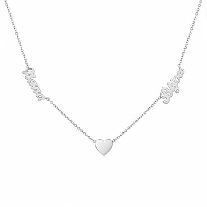 14K Gold Double Name Heart Charm Pendant Necklace ~ Script Font