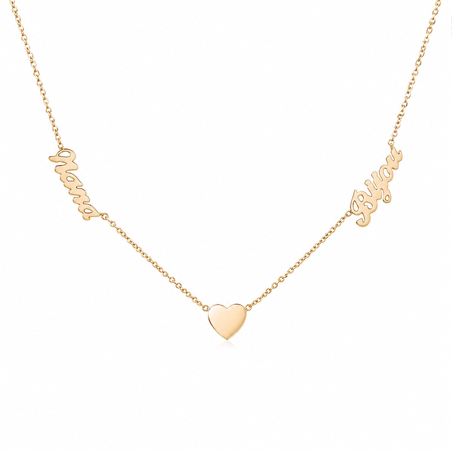 14K Gold Double Name Heart Charm Pendant Necklace ~ Script Font