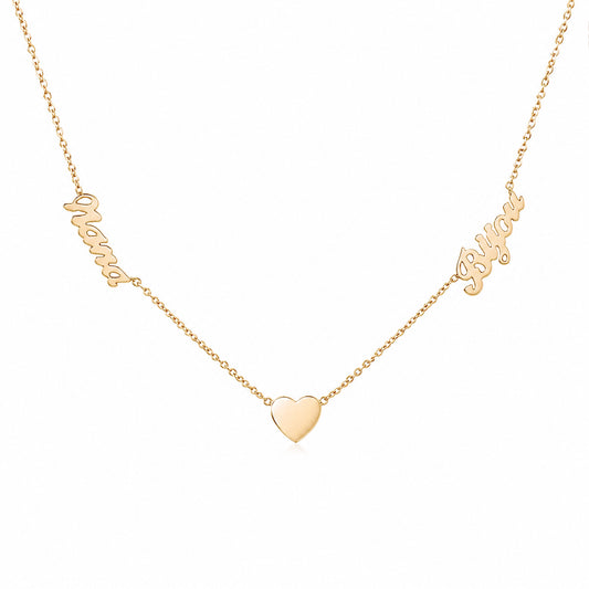 14K Gold Double Name Heart Charm Pendant Necklace ~ Script Font