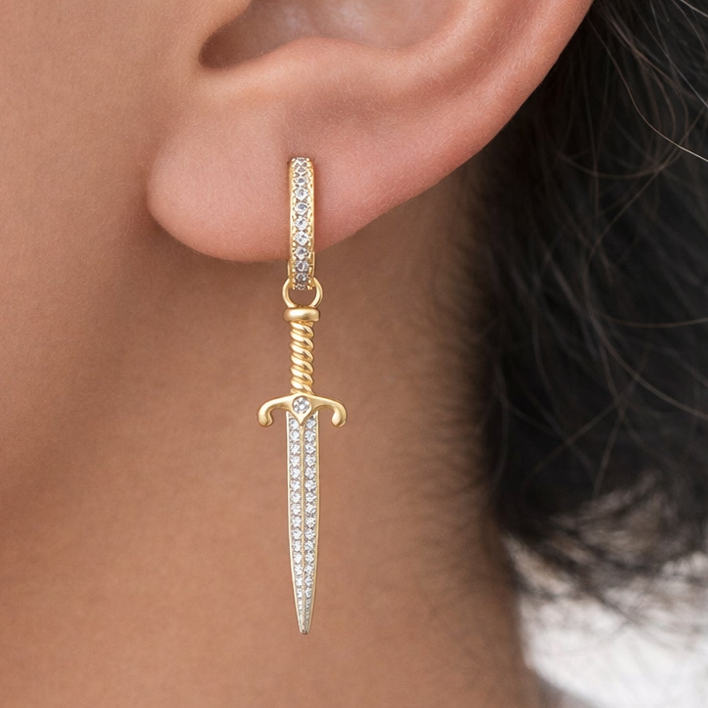 14K Gold Pavé Diamond Dagger Sword Hoop Earring Charm
