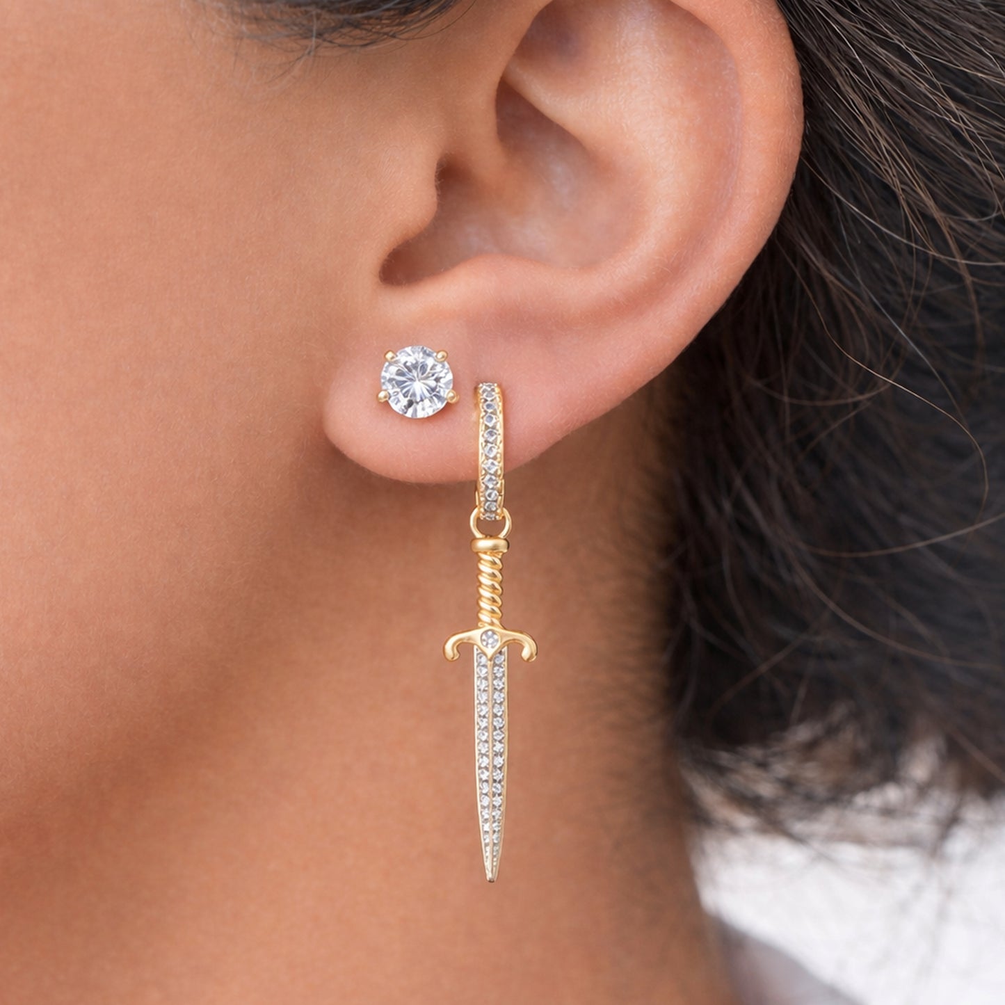 14K Gold Pavé Diamond Dagger Sword Hoop Earring Charm