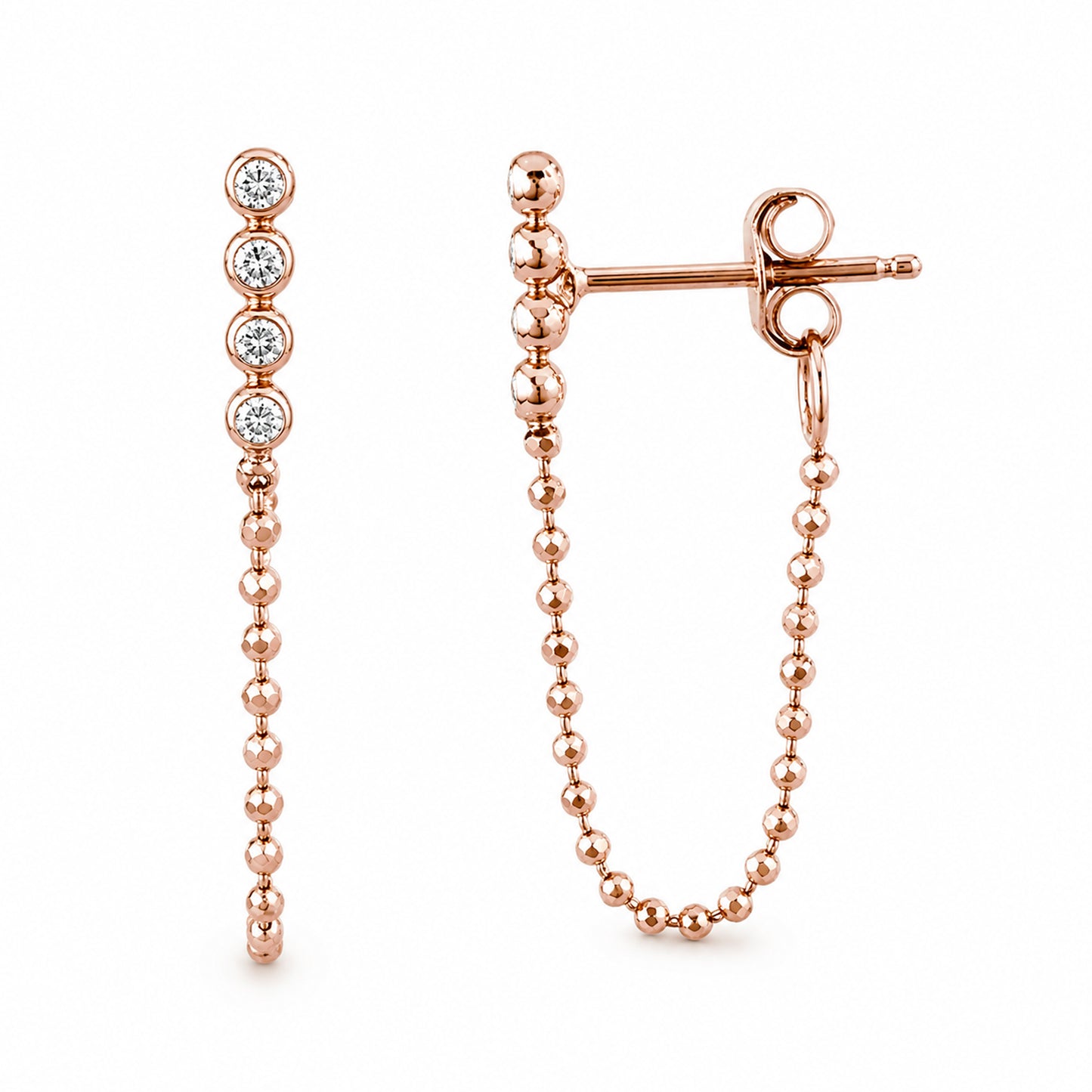 14K Gold Diamond Ball Bar Chain Dangle Stud Earrings