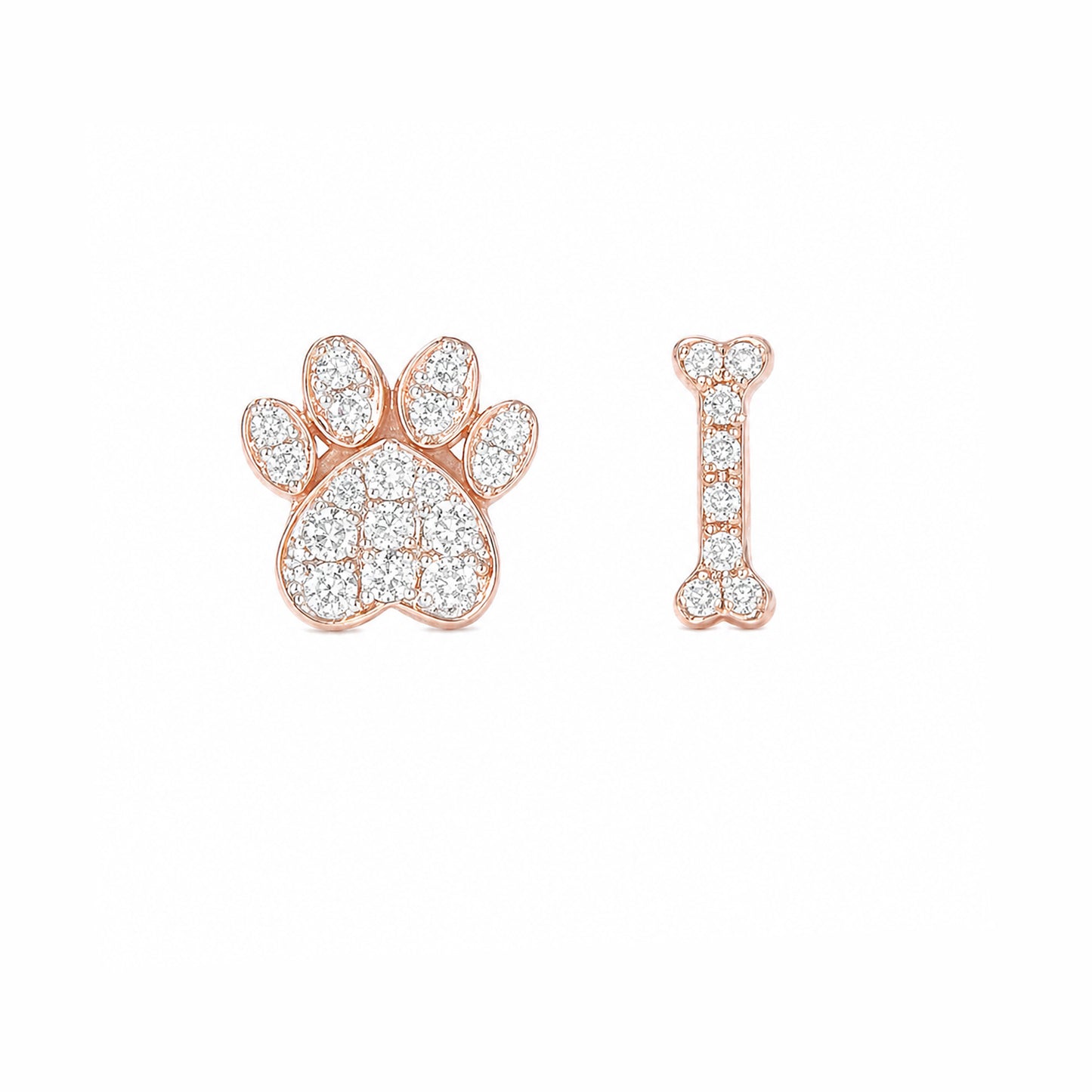 14K Gold Pavé Diamond Paw Print & Dog Bone Stud Earrings