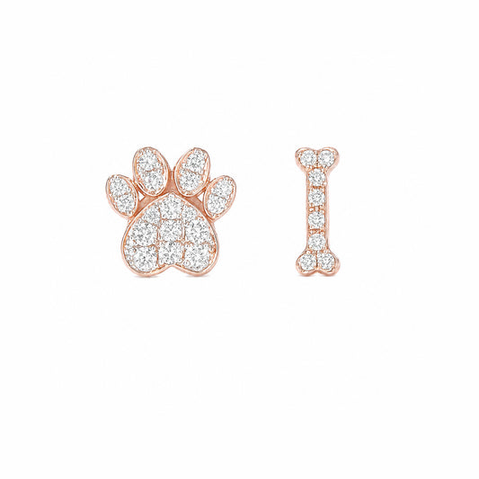 14K Gold Pavé Diamond Paw Print & Dog Bone Stud Earrings