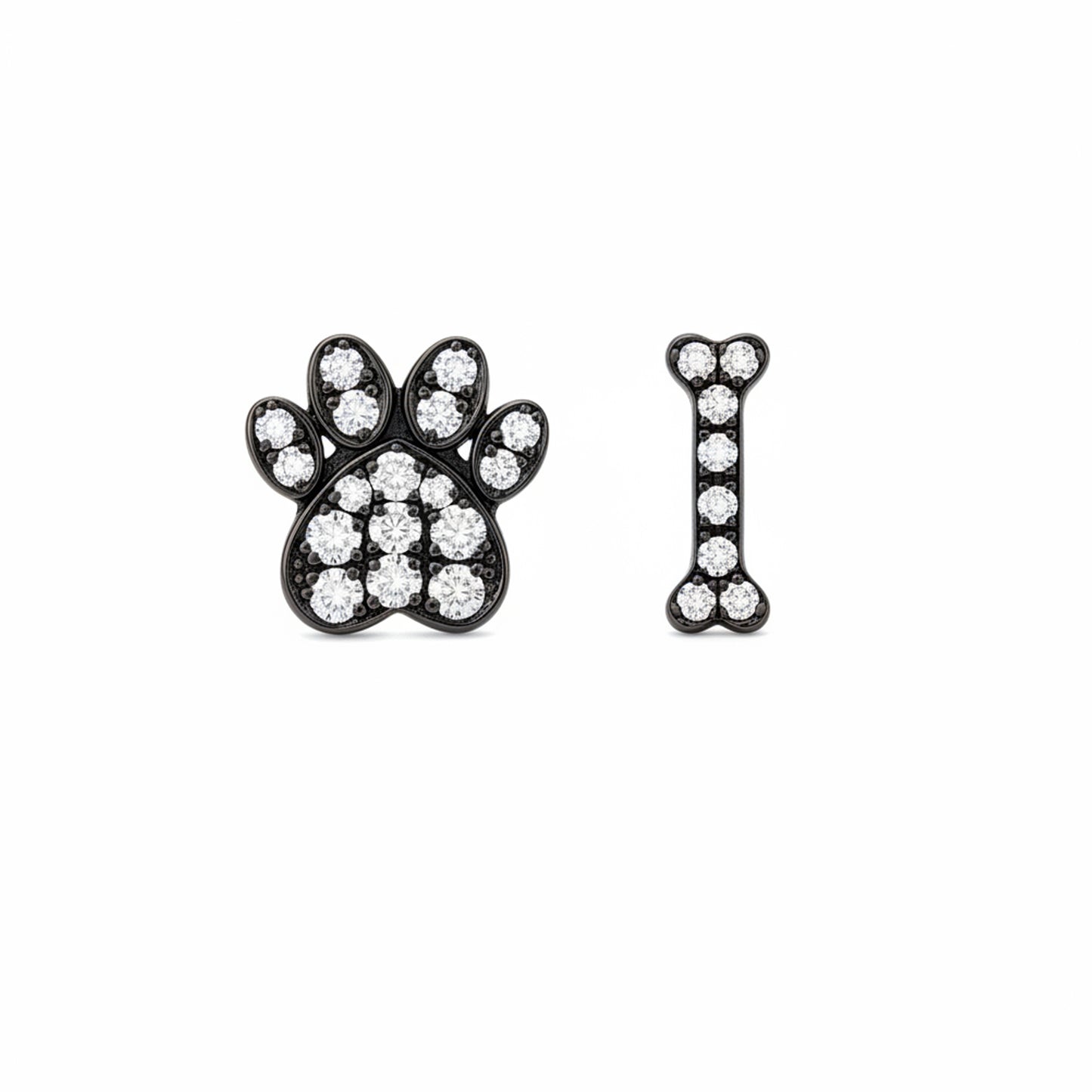 14K Gold Pavé Diamond Paw Print & Dog Bone Stud Earrings