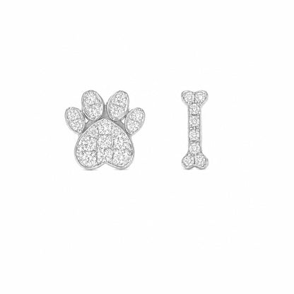 14K Gold Pavé Diamond Paw Print & Dog Bone Stud Earrings